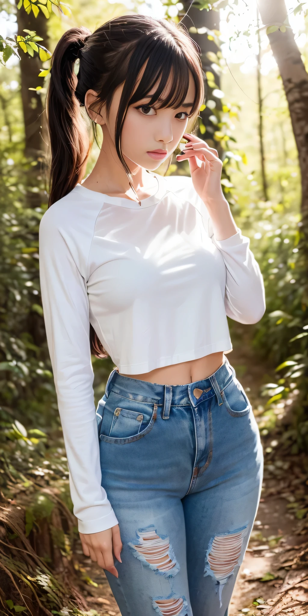 (((profesional: paso a paso, taking into account even the smallest detail, Resultado final a nivel de Dios, imagen: todos los detalles intrincados, todo el cuerpo con detalles intrincados, Solo 1girl, tiro medio largo)))): " una chica, dark brown hair, pelo largo(cola de caballo atada a una cinta azul), flequillo largo, ojos rojos, ojos bonitos, Cuerpo perfecto, muslos gruesos, manos perfectas, camiseta blanca, blue long raglan sleeves, pantalones cortos rojos (Textura de mezclilla), Shy pose, en bosque abandonado, columnas griegas abandonadas, Restos, Autumn, Atardecer, Colored tabs, white lashes"