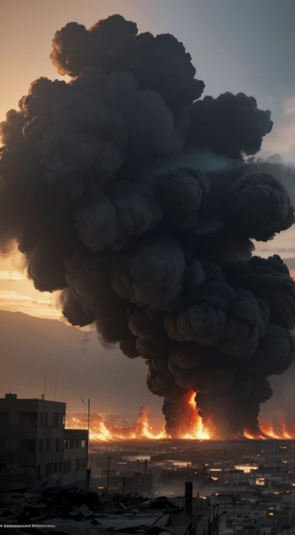 (Quality tags: masterpiece, best quality, official art:1.2), a cinematic depiction of a bomb blast aftermath in Palestine, (flames and smoke billowing:1.3), a dynamic representation of unfolding tragedy, (tense atmosphere hanging in the air:1.1), shattered remnants of buildings in the background, (dramatic cityscape in disarray:1.2), a haunting scene of destruction, (intense emotions captured in the onlookers:1.4), a moment of shock and despair, (dynamic composition:1.2), a visual story of the impact of conflict, (subtle play of light and shadow:1.2), a vivid portrayal of the harsh reality.