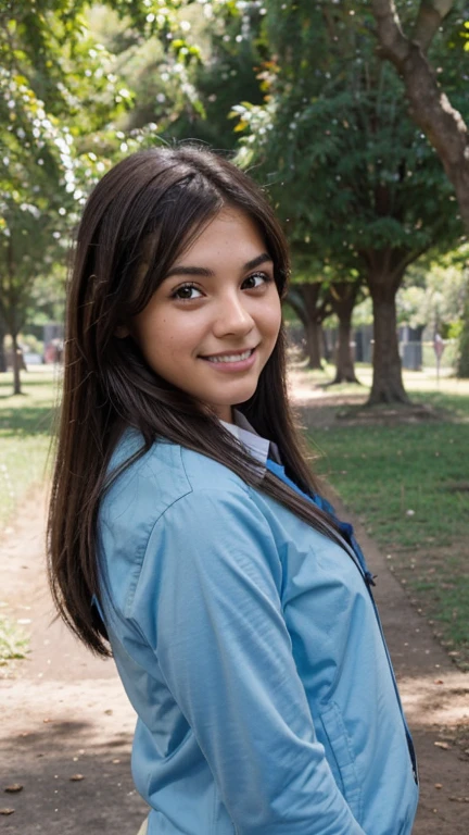 girl 20 year old, usa woman, complexion robusta, piel morena oscuro, hair straightened, luz natural, cielo azul, sonrisa timida, posa en un parque con árboles y bello campo verde, poses sugestivas, uniform school, falda escolar