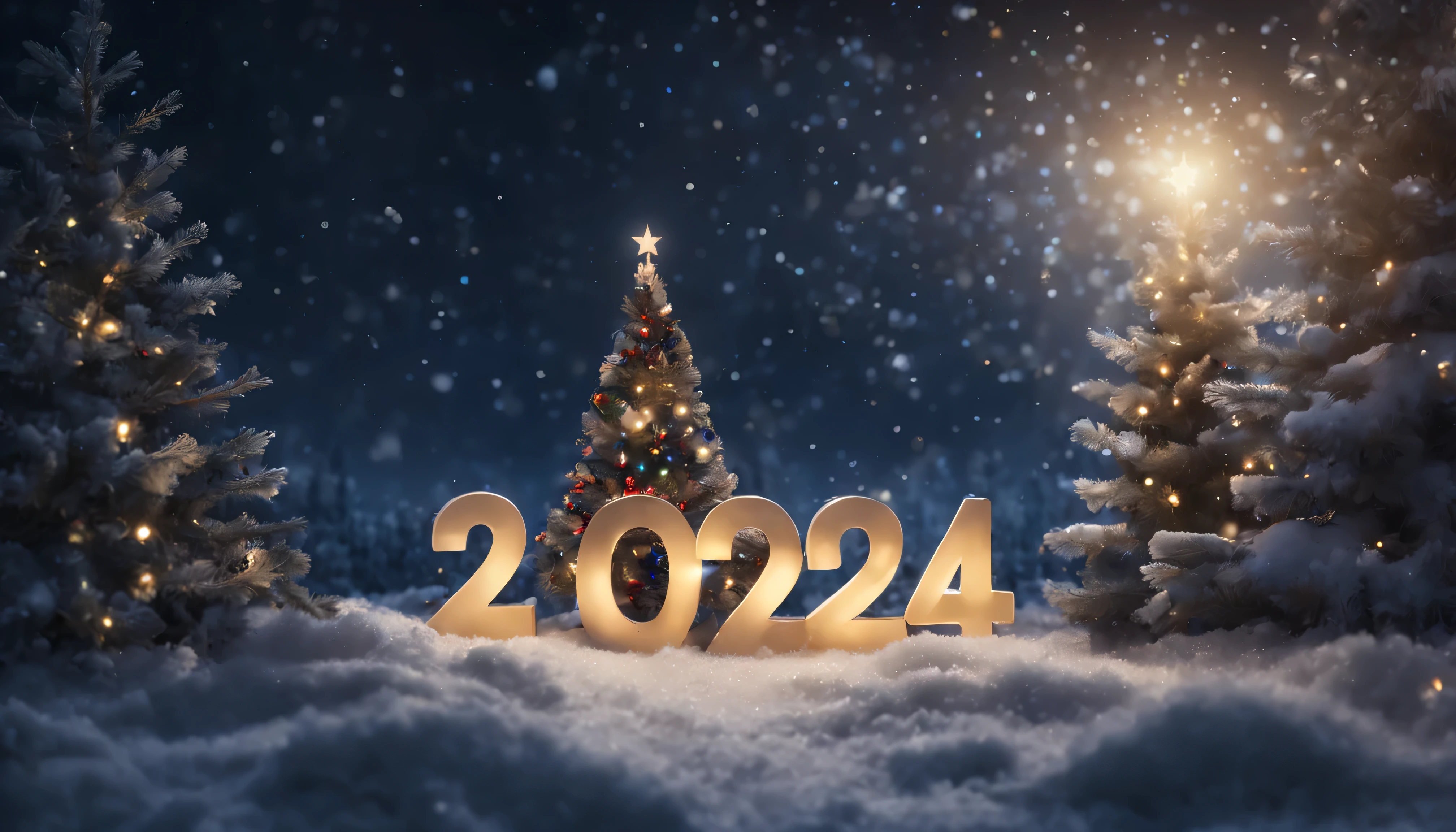 Realistic ((( text"2024" ))) night ,snow and dark starry sky, snow and christmas candles ,and a big Christmas tree,Garland,Santa Claus and the Snow Maiden,Clear Focus,high detail,HIGH HYPER QUALITY 8K