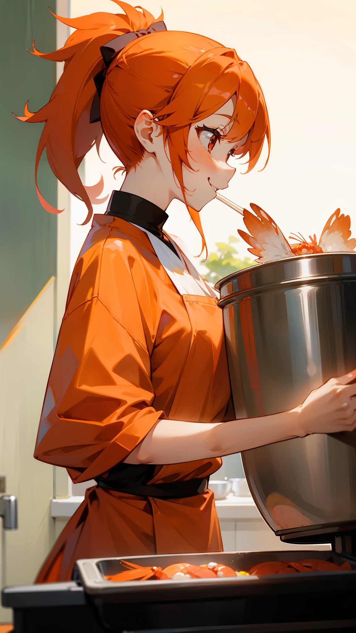 The cute lady shrimp cooks a delicious dish in the kitchen、profile、orange hair、ponytail、round red eyes、smile、smile