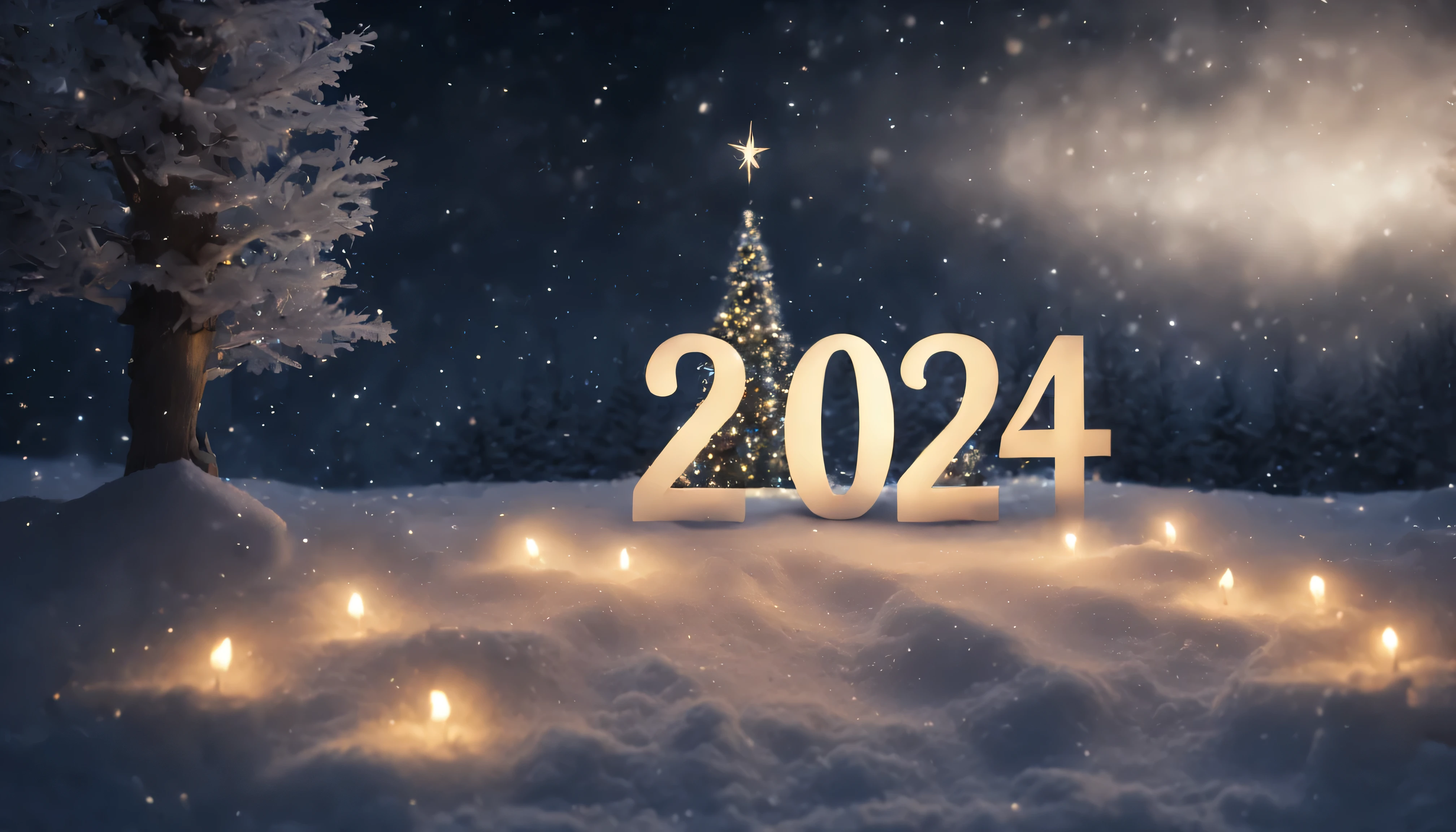 Realistic ((( text"2024" ))) night ,snow and dark starry sky, snow and christmas candles ,and a big Christmas tree,Garland,Santa Claus and the Snow Maiden,Clear Focus,high detail,HIGH HYPER QUALITY 8K
