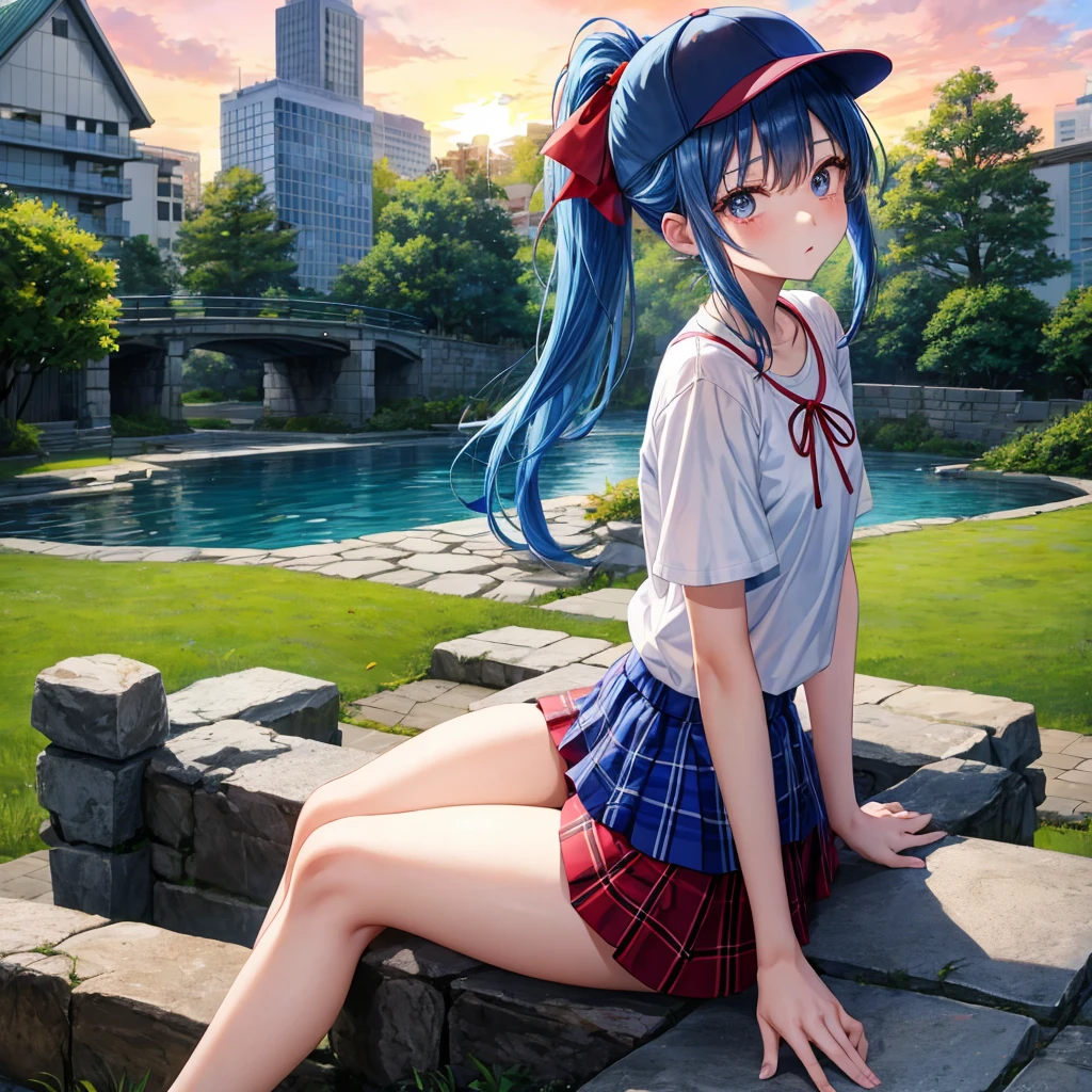 blue hair、Red-blonde、blue eyeraid、ponytail、one good looking girl、solo、anime、Plaid 、black t-shirt、camisole、forest、sitting、Wearing a plaid baseball cap、Tilting your face、Doing the ribbon、sunset sky、stone bridge、stone stairs、petal、A small bird  flying、big tree、tunnel、、Bang、stretching one's back、Fallen leaves
