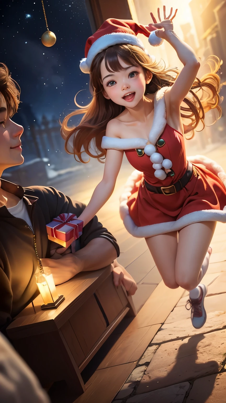 two students, boy and girl descending from the sky, jumping posture, giving gifts, a rich expression, christmas asmosphere, 3d icon gold and red and white, clay material isometric, smooth a shiny, cute girly style, realistic use light and color, soft gradient, honey style, high definition, high resolution, 3d rendering