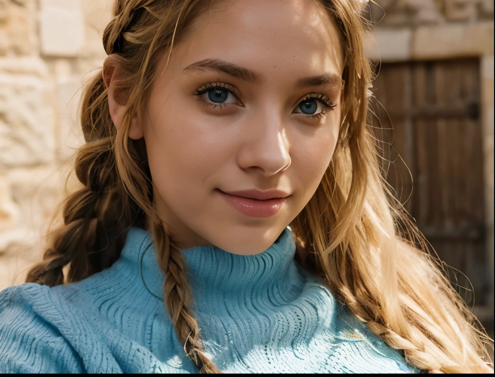 Young woman of 20 years extremely beautiful blue-eyed blonde with long hair with two braids on her head small nose wide beautiful lips beautiful and smile sexy and penetrating look of light skin color. Foto para perfil de instagram la cual tiene que abarcar hasta medio cuerpo con un top de color celeste un busto tetas grande visible llamativas naturales y hermosas