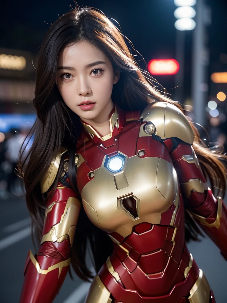 photo, ultra realistic, high resolution, Masterpiece, Female body, Weak double eyelids,ผิวสัมผัสใบหน้าที่มีhigh resolution, big breasts, wearing iron man armor , long hair, sexy, stand, Fighting poses, In the middle of the busy city, nighttime