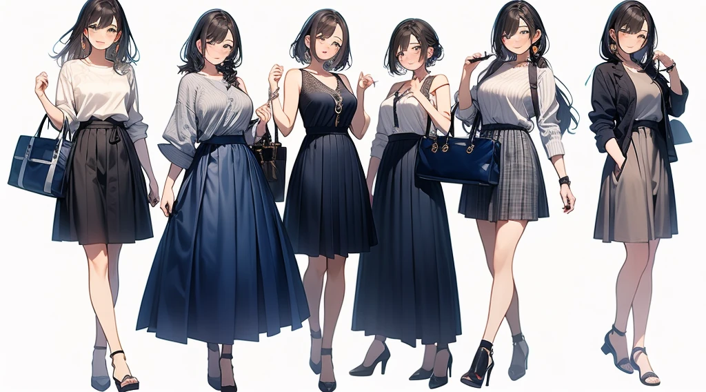 (((Best Quality))) , ((full body)), female, multiple views, white background, variety of hairstyles, variety of fashion styles, seductive pose, fashionable and trendy atmosphere, holding bag, long skirt, dressy casual, 
dark blue, dark orange, dark green, dark violet, brown, white,