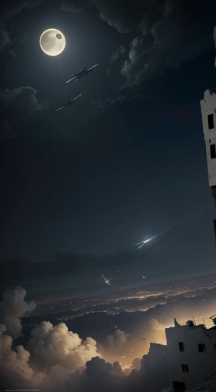 (Quality tags: masterpiece, ultra high res, illustration:1.3), an illustrative depiction of aerial missiles descending in Palestine, (moonlight revealing the aerial chaos:1.2), detailed portrayal of the missiles' descent and impact, (overcast sky reflecting the somber mood:1.1), an oppressive atmosphere hanging in the aftermath, (intricate details conveying realism:1.4), a palette of contrasting emotions, (subtle play of light and shadow in the destruction:1.2), an illustrative narrative capturing the profound impact of conflict from the skies on the Palestinian landscape.