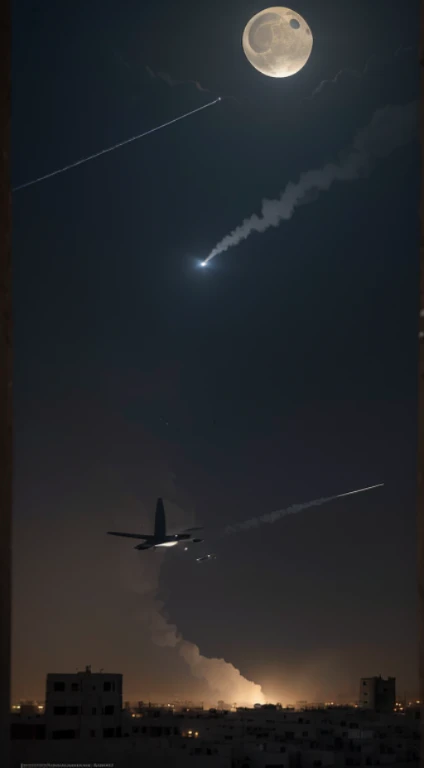 (Quality tags: masterpiece, ultra high res, illustration:1.3), an illustrative depiction of aerial missiles descending in Palestine, (moonlight revealing the aerial chaos:1.2), detailed portrayal of the missiles' descent and impact, (overcast sky reflecting the somber mood:1.1), an oppressive atmosphere hanging in the aftermath, (intricate details conveying realism:1.4), a palette of contrasting emotions, (subtle play of light and shadow in the destruction:1.2), an illustrative narrative capturing the profound impact of conflict from the skies on the Palestinian landscape.