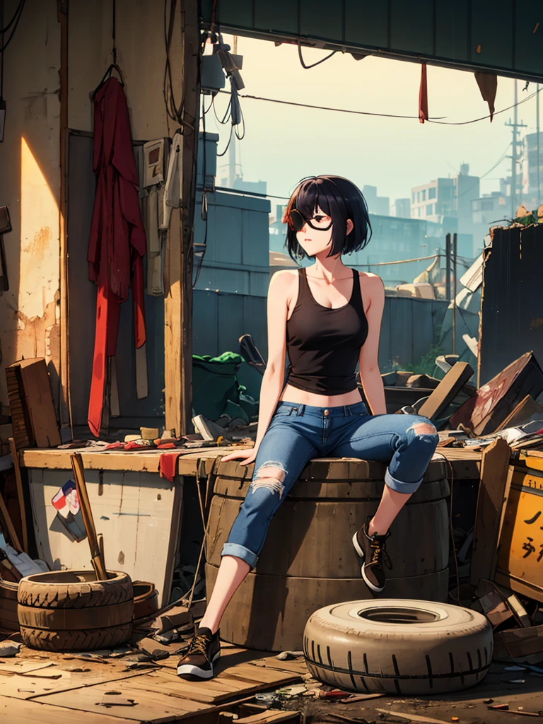 masterpiece++, best quality++, ultra-detailed+, 1girl,Woman sitting on a tire in a devastated world,eyepatch,shorthair,blackhair,tank top,Jeans,expressionless,looking away,looking at another,full body,((midnight)),rain,post apocalypse,slum,