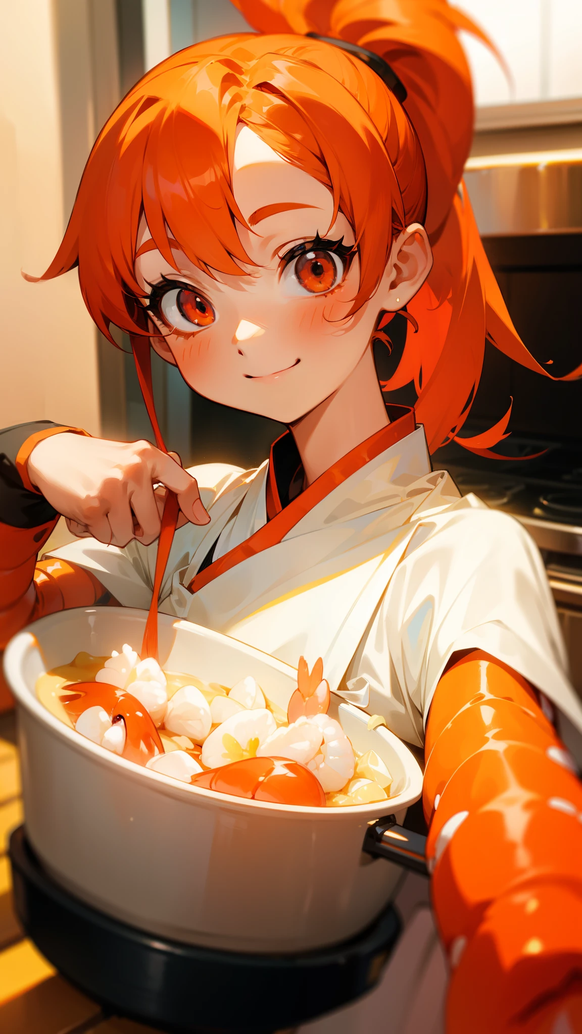 The cute lady shrimp cooks a delicious dish in the kitchen、orange hair、ponytail、round red eyes、smile、smile