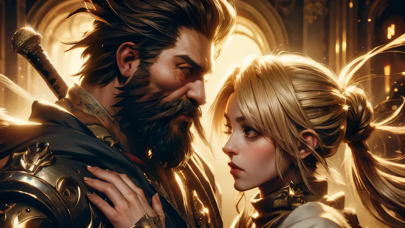 ((best quality)), (high detail), (original art), (1man), (1woman), (close up), (headshot), rugged face, 44 year old man with extremely short black hair and full thick beard, dark brown eyes, very intense gaze in his eyes, holding a woman with (blond hair) and brown eyes, (beautiful woman), embers of fire in the air, warrior spirit, HDR, 3D, digital art style.