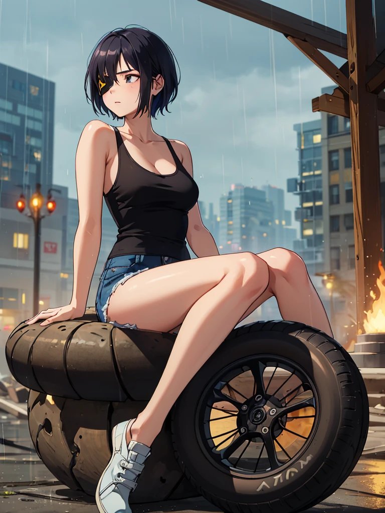 masterpiece++, best quality++, ultra-detailed+, 1girl,Woman sitting on a tire in a devastated world,eyepatch,shorthair,blackhair,tank top,Jeans,expressionless,looking away,looking at another,full body,midnight,rain,