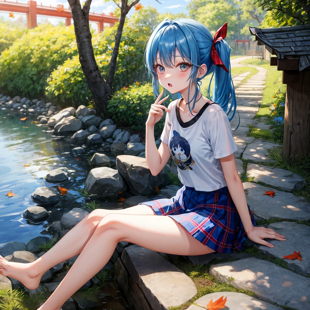 blue hair、Red-blonde、blue eyeraid、ponytail、one good looking girl、solo、anime、Plaid miniskirt、black t-shirt、camisole、forest、sitting、Wearing a plaid baseball cap、Tilting your face、Doing the ribbon、sunset sky、stone bridge、stone stairs、petal、A small bird flying、big tree、tunnel、squirt、Bang、stretching one's back、Fallen leaves、One hand raised
