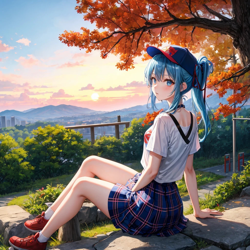 blue hair、Red-blonde、blue eyeraid、ponytail、one good looking girl、solo、anime、Plaid miniskirt、black t-shirt、camisole、forest、sitting、Wearing a plaid baseball cap、Tilting your face、Doing the ribbon、sunset sky、stone bridge、stone stairs、petal、A small bird  flying、big tree、tunnel、squirt、Bang、stretching one&#39;s back、Fallen leaves、One hand  raised