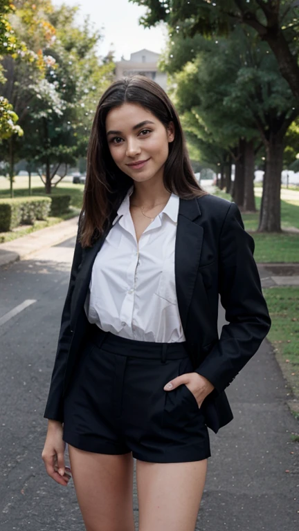 Little girl 20 year old, usa woman, complexion robusta, piel morena oscuro, hair straightened, luz natural, cielo azul, sonrisa timida, poses in a park with trees and beautiful green field, uniform school, falda escolar, bonitas piernas 