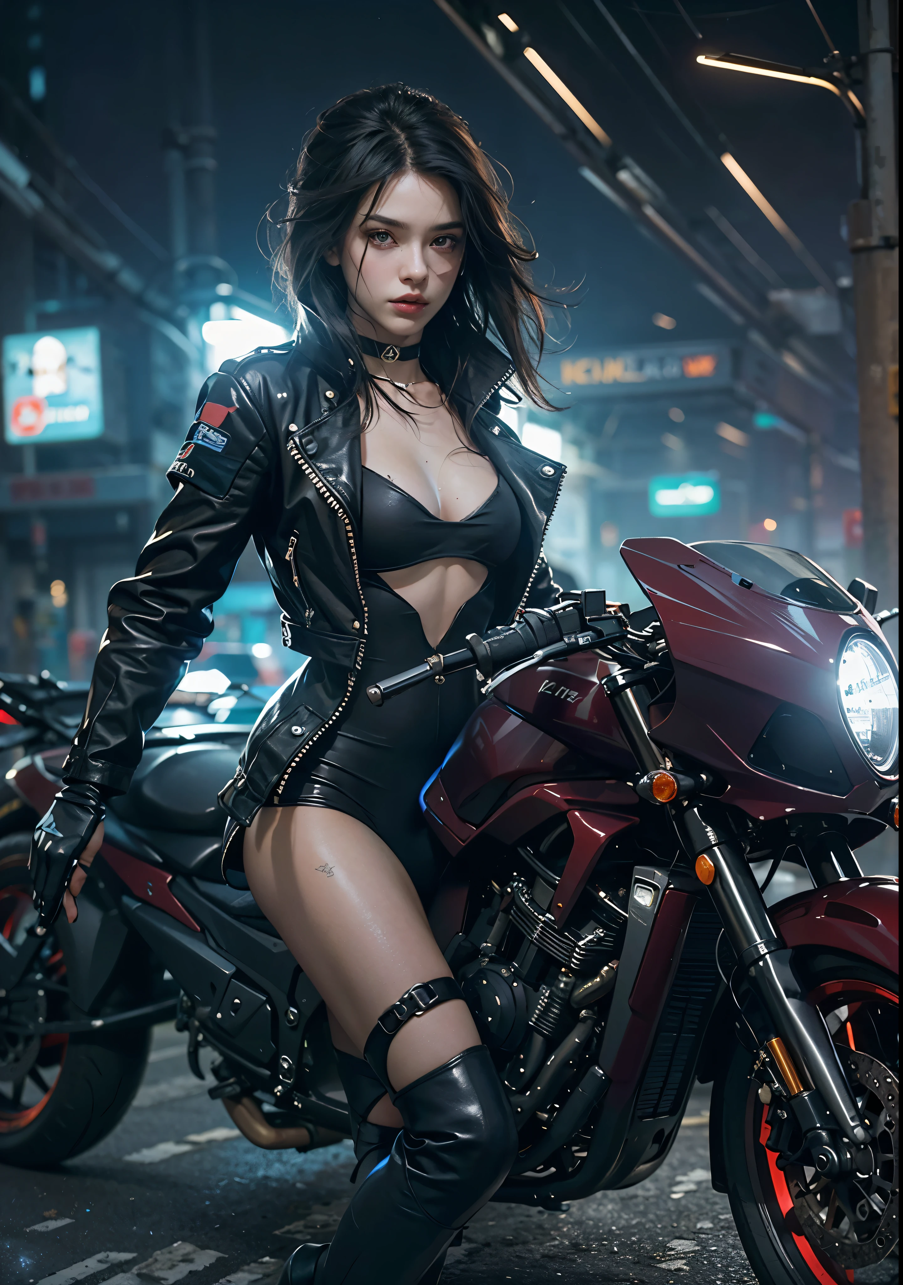 Huntress riding a high-tech motorcycle, Shoot high-tech cannons, Sparks from guns, (1 female, brown eyes, white skin, Twin-tailed black hair, choker, small breasts, skinny, lip whole, compensate, eyeliner, Russia), Wearing black one-piece leather armor, Long leather gloves, long Leather boots, In a cyberpunk town at night,  (cyberpunk theme), (masterpiece, highest quality, 8K, sharp focus, written boundary depth, best shadows, perfect light, HDR, realistic skin texture, Ultra-detailed and detailed background), wide shot