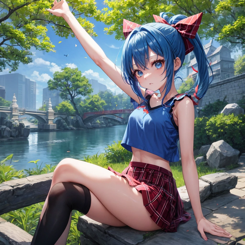 blue hair、Red-blonde、blue eyeraid、ponytail、one good looking girl、solo、anime、Plaid miniskirt、black t-shirt、camisole、forest、sitting、Wearing a plaid baseball cap、Tilting your face、Doing the ribbon、sunset sky、stone bridge、stone stairs、petal、A small bird flying、big tree、tunnel、squirt、Bang、stretching one's back、Fallen leaves、One hand raised