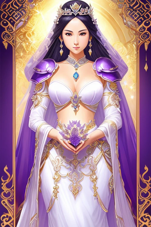 Sexy transparent white gold low cut lace armor cleavage、Close up portrait of woman holding lotus flower in hand, head jewelry, Violet Necklace, Jade Belt , toned abdominal muscles, beautiful fantasy empress, ((beautiful fantasy empress)), beautiful heavenly magician, beautiful character drawings, whole body shangxia, zodiac girl portrait knight, by Jan J., g lillian art style, fantasy art style, shortening