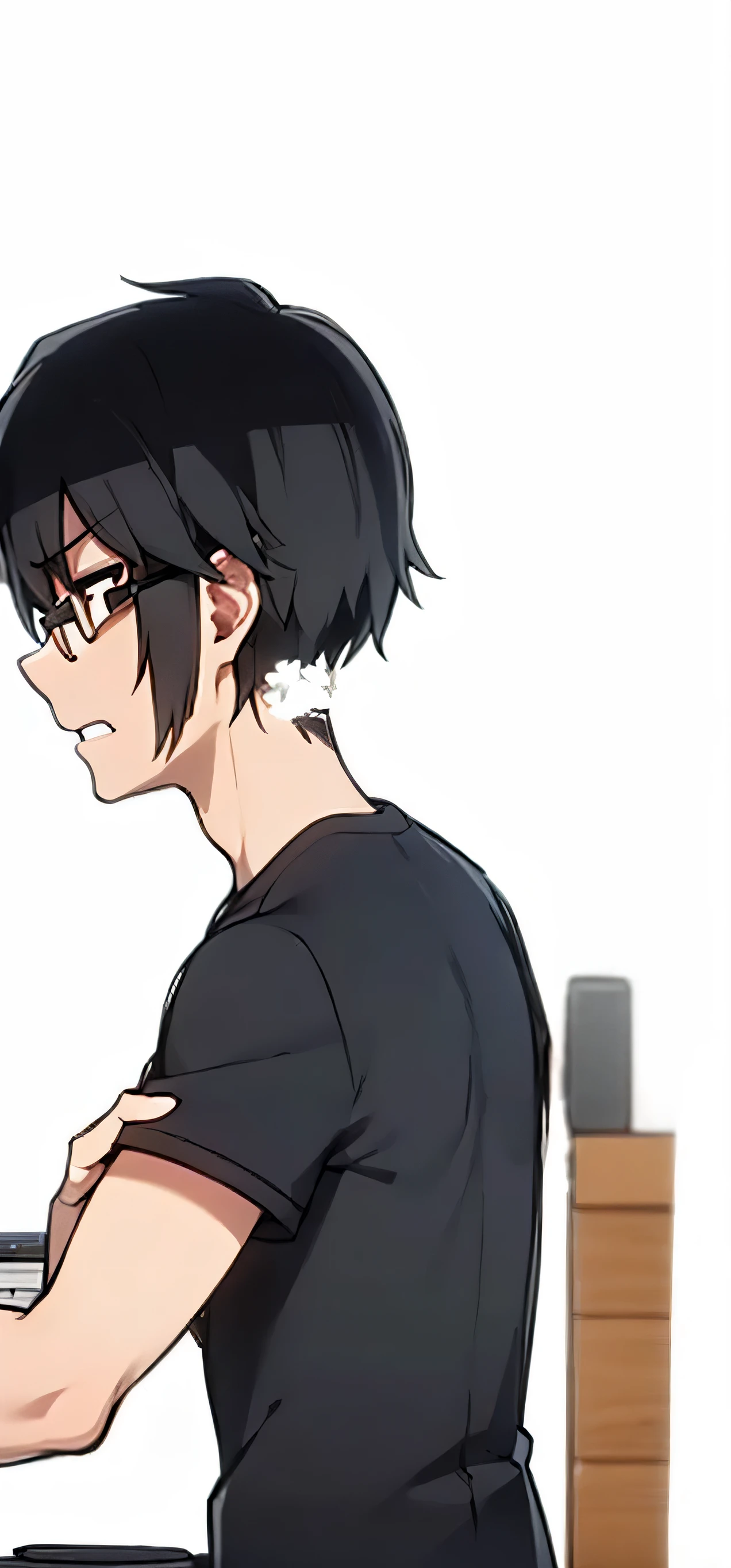 man, Black hair, Brown eyes, Glasses, black T-shirt, man сидит за laptopом, laptop, table, Background room with bookshelf, bed and TV, night time, man смотрит в компьютер, slightly frightened face