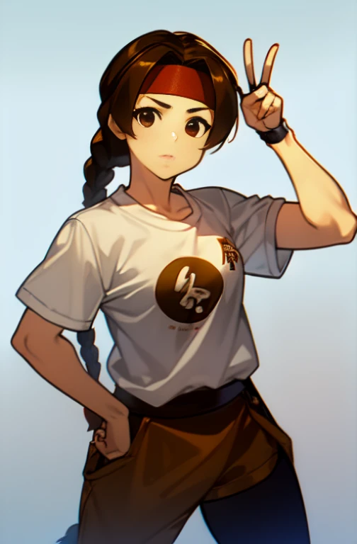 ((masterpiece:1.2, highest quality)), Yuri Sakazaki, 1 girl, braided ponytail, long hair, brown hair, brown eyes, red headband, Baseball Shirts, Baseball pants staring at the viewer, straight, mature、, Girl&#39;s left hand is a peace sign,Right hand on hip,In town,Are standing