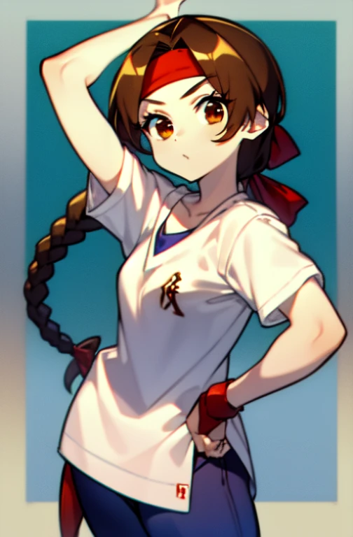 ((masterpiece:1.2, highest quality)), Yuri Sakazaki, 1 girl, braided ponytail, long hair, brown hair, brown eyes, red headband, Baseball Shirts, Baseball pants staring at the viewer, straight, mature、, Girl&#39;s left hand is a peace sign,Right hand on hip,In town,Are standing