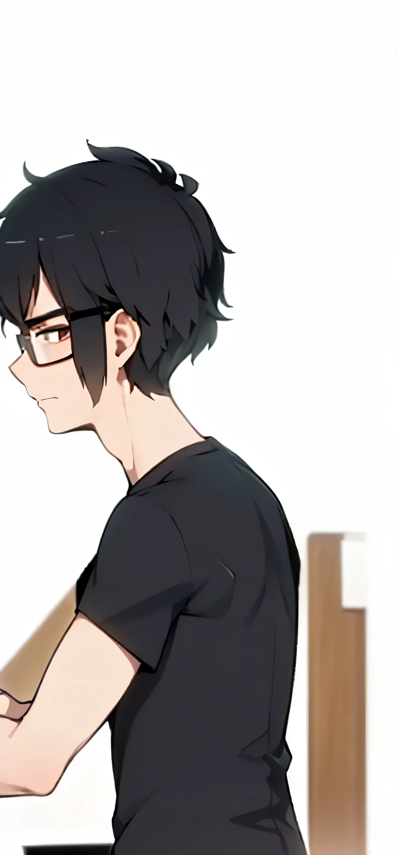 man, Black hair, Brown eyes, Glasses, black T-shirt, man сидит за laptopом, laptop, table, Background room with bookshelf, bed and TV, night time, man смотрит в компьютер, slightly frightened face