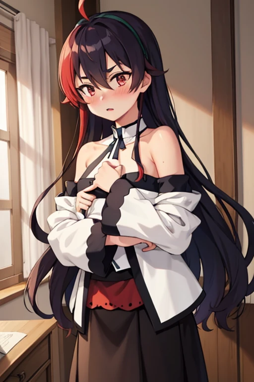 Picchieris, 1 girl, redhead, long hair, bangs, hair between eyes, Ahoge, very long hair, red eyes, chest, small chest, hair band, black hair band, thick eyebrows, bare shoulders, long sleeve, skirt, shirt, white shirt, black skirt, blush, indoors, masterpiece, highest quality, be familiar with   