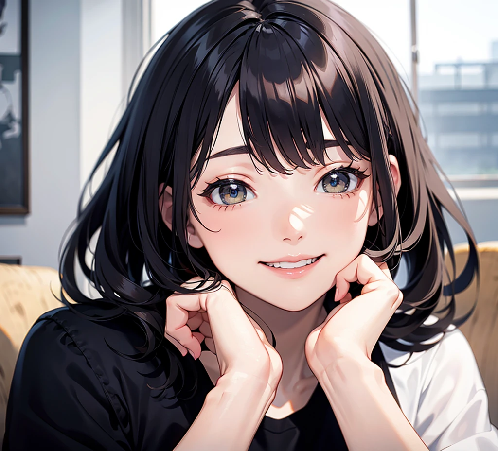 super high quality, ultla highres, hyper-detailed, high contrast, Ultrafine Strike, creative refinement,black hair,smile,Show cleavage,living room,5 fingers,