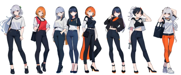 (((Best Quality))) , ((full body)), female, multiple views, white background, variety of hairstyles, variety of fashion styles, seductive pose, fashionable and trendy atmosphere, holding bag, long pants, 
blue, orange, green, violet, brown, white,