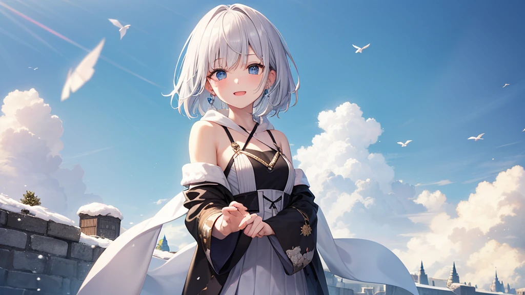 super high quality, with a girl, 20-year-old, とてもshort hair, long bangs between the eyes, pale blue eyes , blue sky, sunlight, very detailed,(masterpiece、highest quality)、alone、gray hair、laughter、White skin as clear as snow、fantasy, silver hair, black eye, beautiful eyes,, ???????, charm, be smitten with audience, short hair、fantasyな風景,seaside、white hoodie、