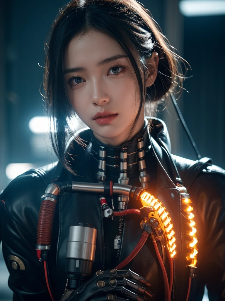 1 mechanical girl,((Extraordinarily realistic details)), Portrait, world class illumination, shadow, Octane rendering, 8ก, Ultra Sharp,metal,complicated, detailed jewelry, cool colors, egypician detail, highly complicated details, realistic light, Trending in cgsociety, shining eyes, Camera facing, neon details, mechanical limbs,blood vessels connected to tubes,A mechanical spine is attached to the back.,The mechanical cervix is attached to the neck.,sit,wires and cables connecting to head