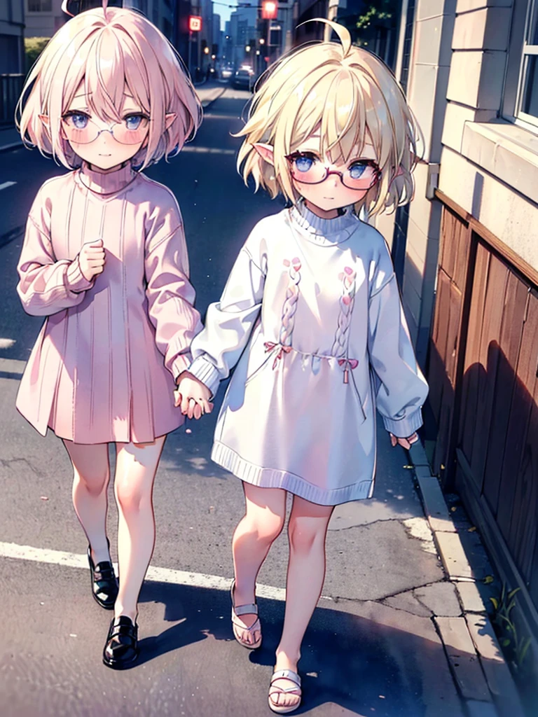 ultra detailed, best quality, high resolution, ((8k)), ((2girls)), ((1child)), pale skin, petite, (glossy blonde hair), (very short hair), blue eyes, (ahoge:1.3), (glasses), ((pointy ears)), (blush:1.5), ((single short braid:0.8)), smile:1.2, ((full body)), ((hold hands with a child)), (sweater), ((watercolor)), ((walk hand in hand)):1.5