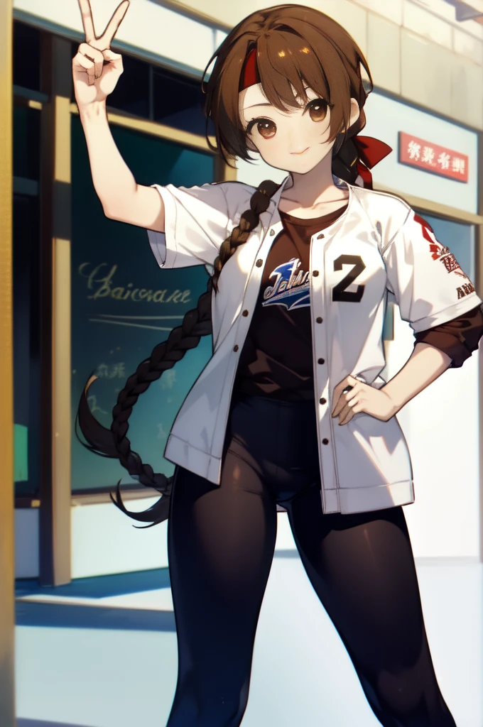 ((masterpiece:1.2, highest quality)), Yuri Sakazaki, 1 girl, braided ponytail, long hair, brown hair, brown eyes, red headband, Baseball Shirts, Baseball pants staring at the viewer, straight, mature、, Girl&#39;s left hand is a peace sign,Right hand on hip,In town,Are standing,smile