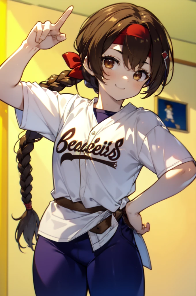 ((masterpiece:1.2, highest quality)), Yuri Sakazaki, 1 girl, braided ponytail, long hair, brown hair, brown eyes, red headband, Baseball Shirts, Baseball pants staring at the viewer, straight, mature、, Girl&#39;s left hand is a peace sign,Right hand on hip,In town,Are standing,smile