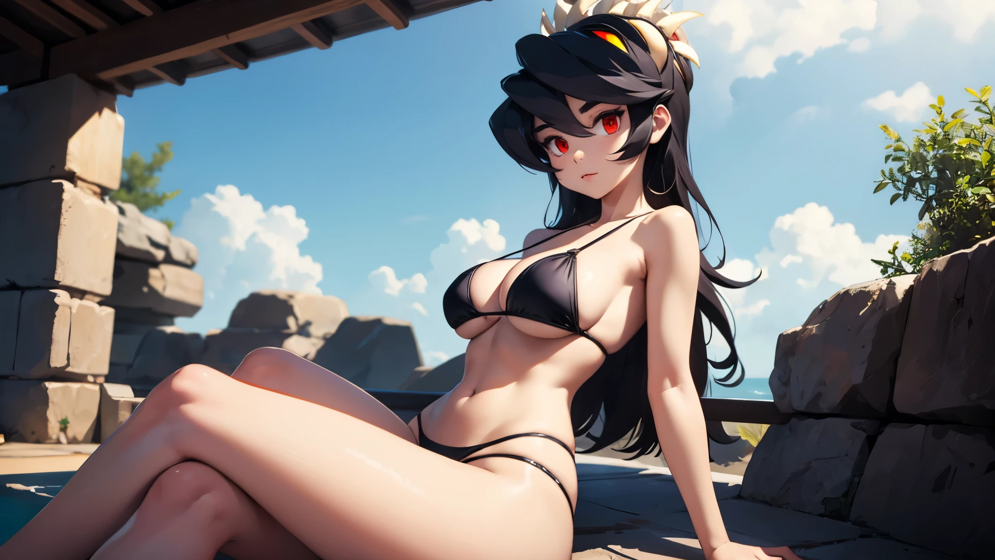 Filia, wearing a sexy black bikini, big breasts, wide hips, tiny waist, big thighs, big ass, long hair, detailed eyes, anatomically perfect body, long legs, feminine and beautiful hands, detailed image, detailed body, detailed hands, detailed background, beach, masterpiece, work of art