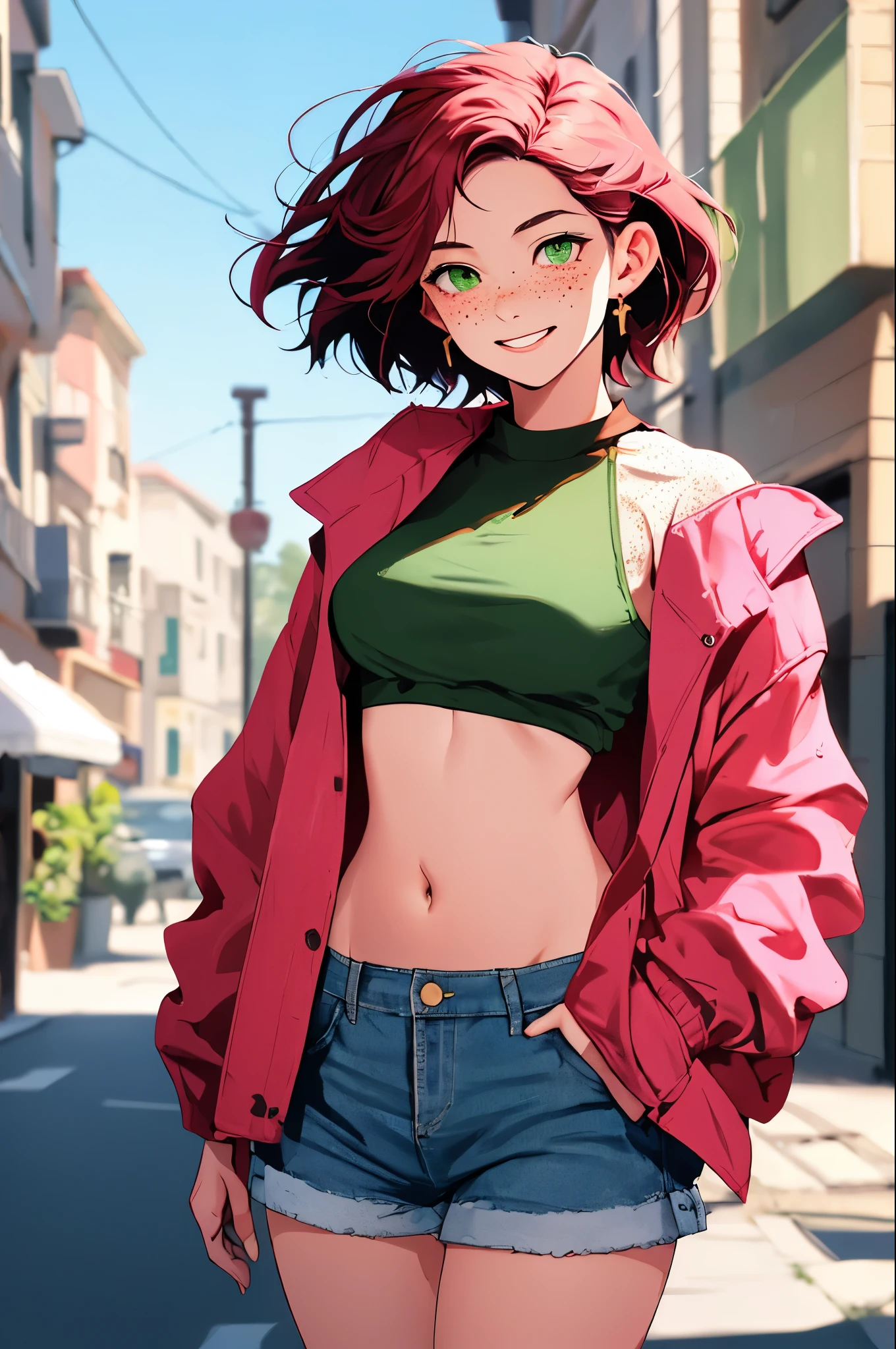 volumetric lighting, best shadows, shallow depth of field, portrait of a stunning girl, small, delicate, attractive face, seductive green eyes, happy smile, closed mouth, lovely medium breasts, (short red hair), freckles, thick eyelashes, open pink pop jacket, white underboob mini t-shirt, open belly button, thin waist, jean shorts, walking on the street, (high quality, amazing details: 1.25), bright colored paintings, open shorts, showing panties, open button, open zipper