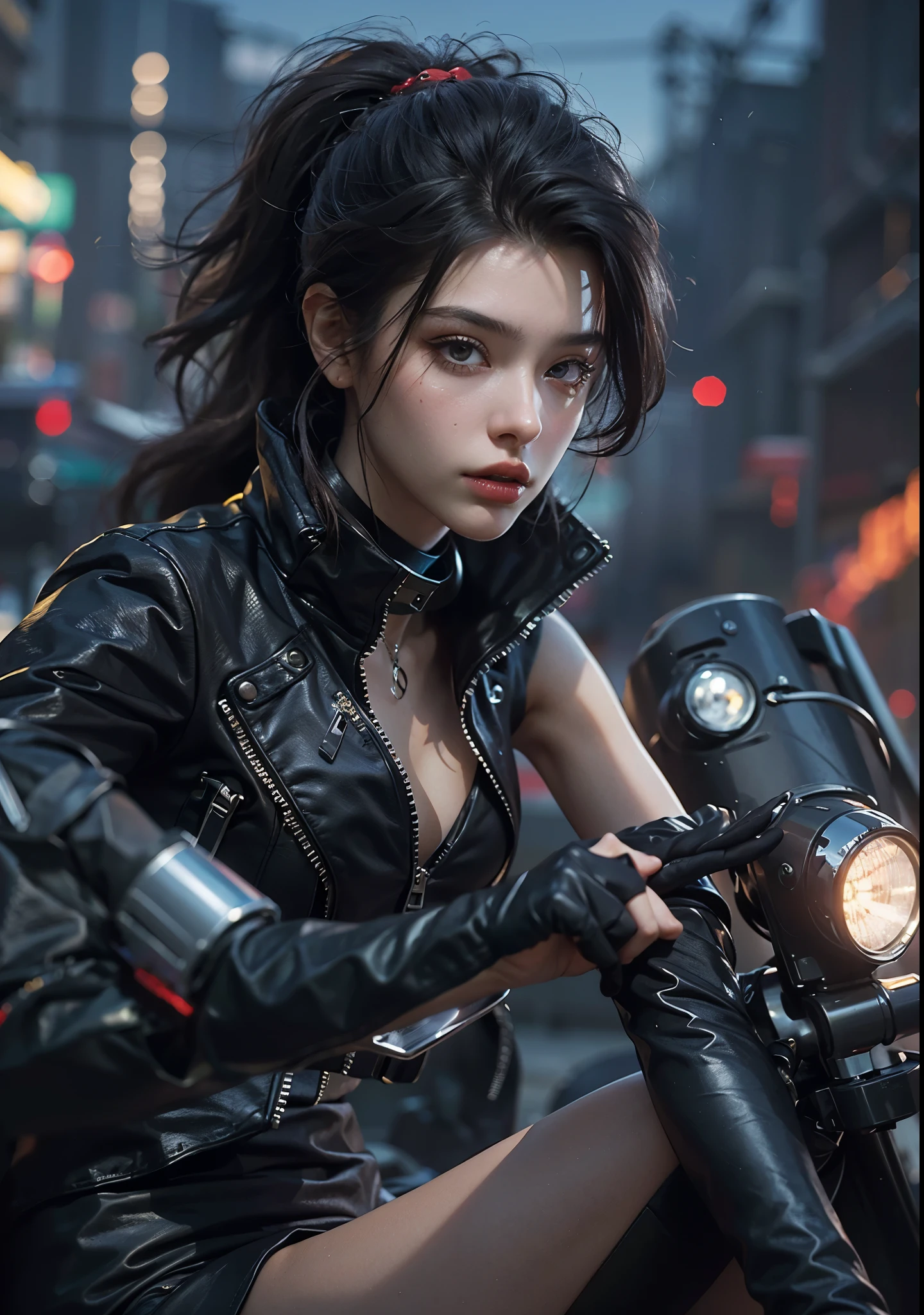 Huntress riding a high-tech motorcycle, Shoot high-tech artillery, Sparks from the gun, (1 female, brown eyes, white skin, Twin-tailed black hair, choker, small breasts, skinny, lip whole, compensate, eyeliner, Russia), Wearing black one-piece leather armor, Long leather gloves, long Leather boots, In a cyberpunk town at night,  (cyberpunk theme), (masterpiece, highest quality, 8K, sharp focus, Depth of bounds written, best shadows, perfect light, HDR, realistic skin texture, Ultra-detailed and detailed background), wide shot