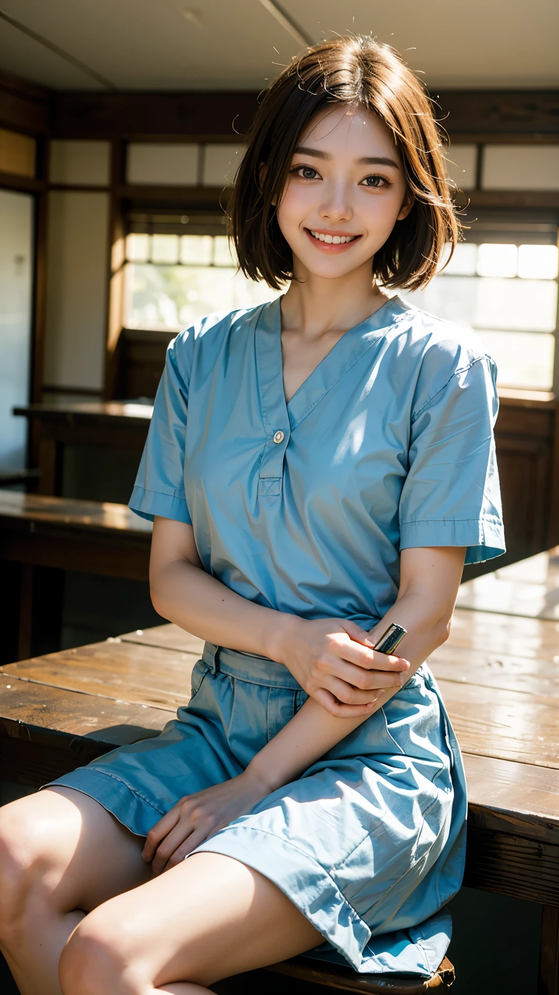 highest quality, masterpiece, ultra high resolution, (realistic:1.4), (close portrait) Raw photo, 1 girl, high school girl, hold a glass, masterpiece, realistic pictures, japanese pictures, fuji negative film, saturation, contrast, Pocari Sweat Advertisement ((Medium chest)),((smiling showing teeth)),very short hair,