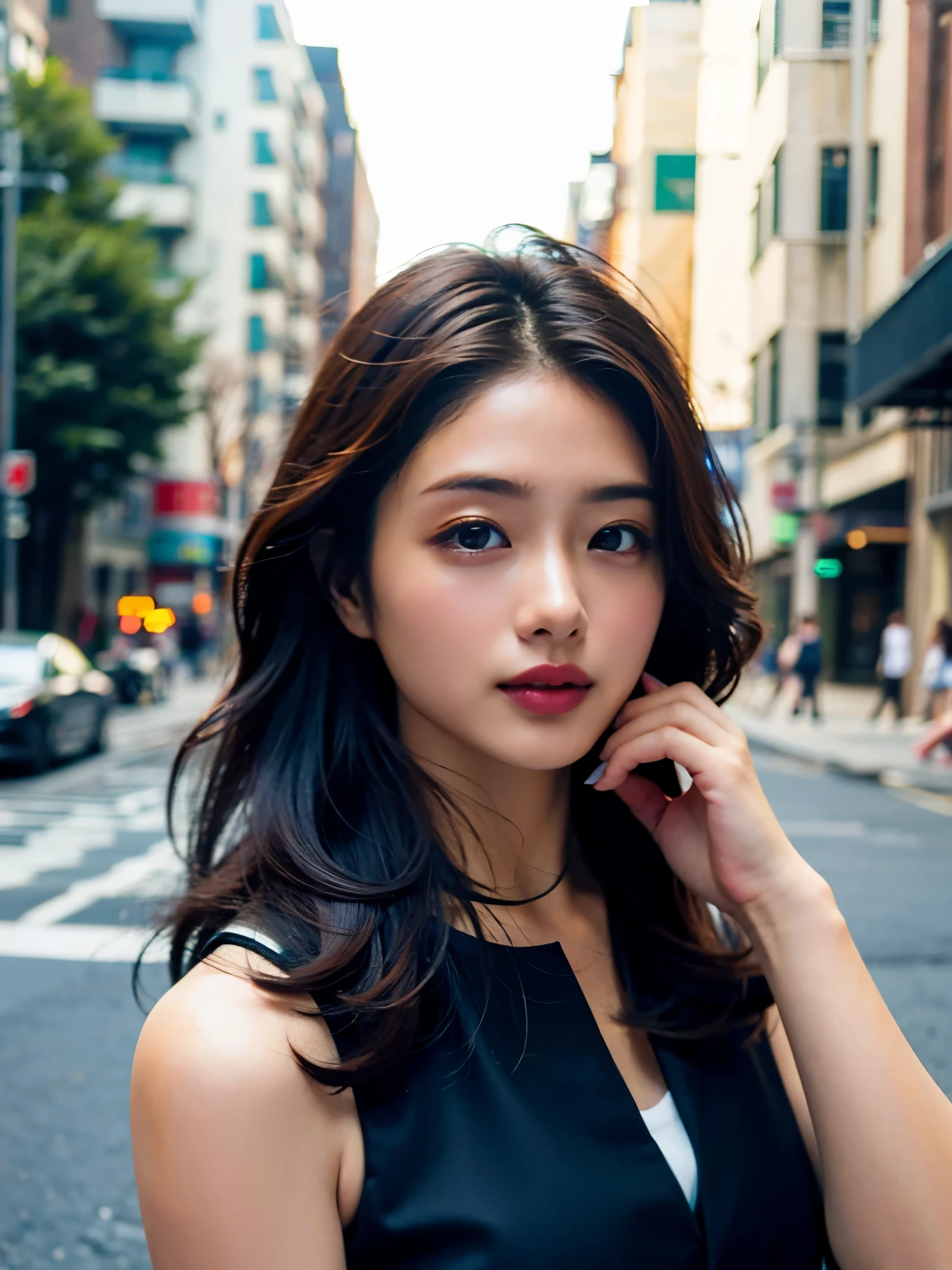 Woman posing seductive on street corner, top quality, high resolution, 8k, girl alone, outdoor, (street: 0.8), (people, crowd: 1), sleeveless dress, black dress: 1.5), gorgeouedium hair), (dynamic pose: 0.8), (upper body: 1.2), soft lighting, wind, glossy skin, gaze,