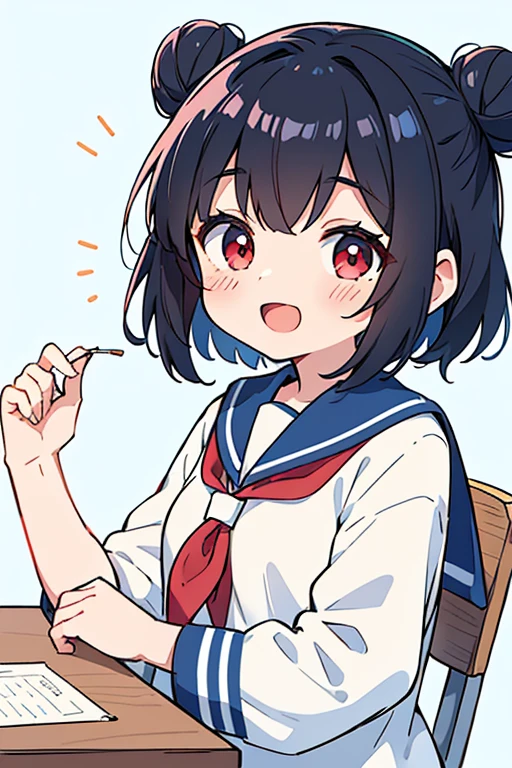 Classroom、girl1,No background,Pretty girl in Japan、、huge tit、、kawaii faces、、big pink eyes、Silky bangs、、Short black curly hair、High school students、Japanese high school girls uniform、Simple navy blue skirt、Simple white blouse、blue tie、high quality picture、shinny skin、finger thrust pose、Niyashi、Crisp smile