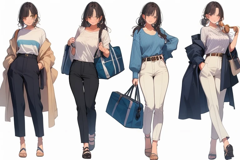 (((Best Quality))) , ((full body)), female, multiple views, white background, variety of hairstyles, variety of fashion styles, seductive pose, fashionable and trendy atmosphere, holding bag, long pants, 
blue, orange, green, violet, brown, white,