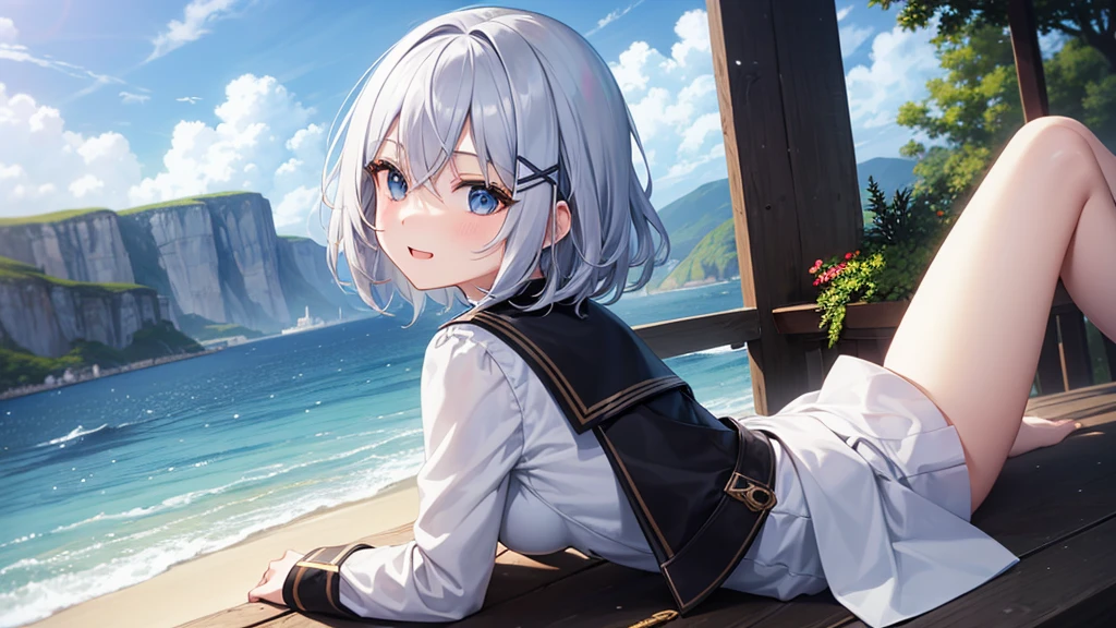 super high quality, with a girl, 20-year-old, とてもshort hair, long bangs between the eyes, pale blue eyes , blue sky, sunlight, very detailed,(masterpiece、highest quality)、alone、gray hair、laughter、White skin as clear as snow、fantasy, silver hair, black eye, beautiful eyes,, ecstasy, charm, be smitten with audience, short hair、fantasyな風景,seaside