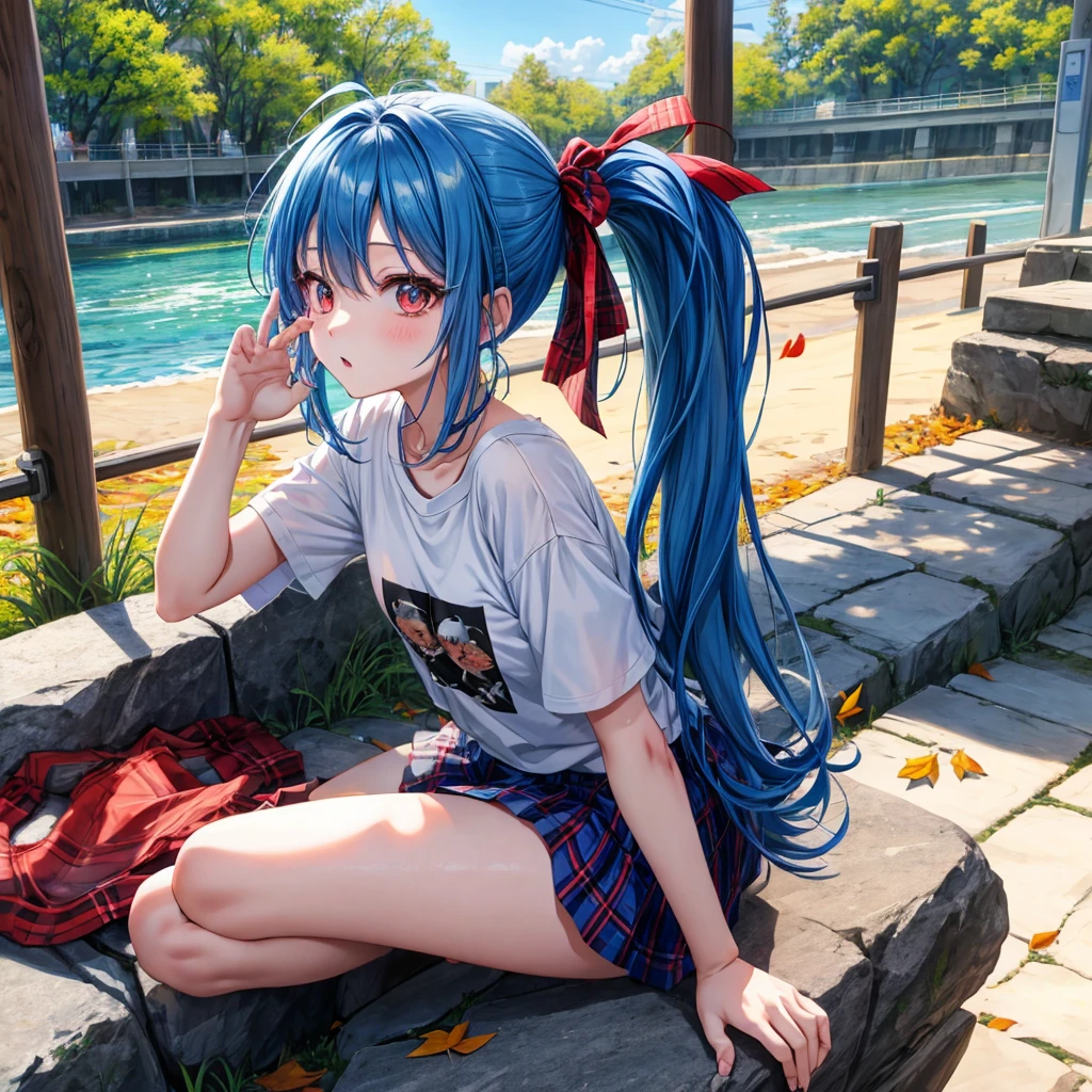 blue hair、Red-blonde、blue eyeraid、ponytail、one good looking girl、solo、anime、Plaid miniskirt、black t-shirt、camisole、forest、sitting、Wearing a plaid baseball cap、Tilting your face、Doing the ribbon、sunset sky、stone bridge、stone stairs、petal、A small bird flying、big tree、tunnel、squirt、Bang、stretching one's back、Fallen leaves、One hand raised
