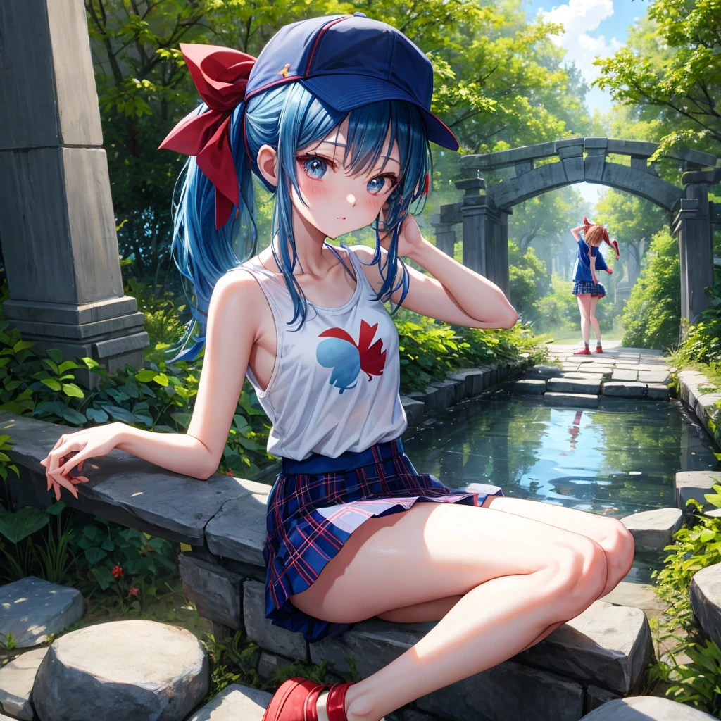 blue hair、Red-blonde、blue eyeraid、ponytail、one good looking girl、solo、anime、Plaid miniskirt、black t-shirt、camisole、forest、sitting、Wearing a plaid baseball cap、Tilting your face、Doing the ribbon、sunset sky、stone bridge、stone stairs、petal、A small bird flying、big tree、tunnel、squirt、Bang、stretching one's back、Fallen leaves、One hand raised