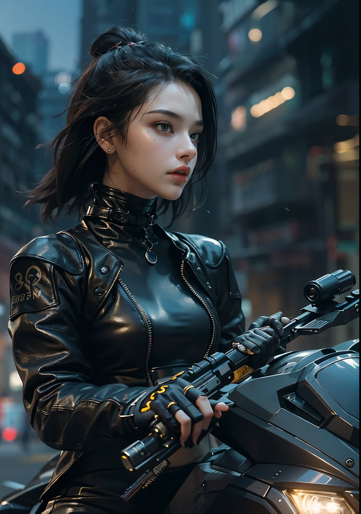 Huntress riding a high-tech motorcycle, Shoot high-tech artillery, Sparks from the gun, (1 female, brown eyes, white skin, Twin-tailed black hair, choker, small breasts, skinny, lip whole, compensate, eyeliner, Russia), Wearing black one-piece leather armor, Long leather gloves, long Leather boots, In a cyberpunk town at night,  (cyberpunk theme), (masterpiece, highest quality, 8K, sharp focus, Depth of bounds written, best shadows, perfect light, HDR, realistic skin texture, Ultra-detailed and detailed background), wide shot