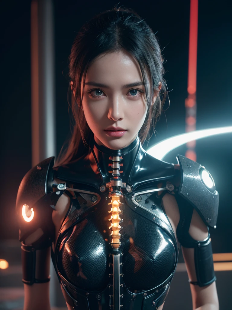 1 mechanical girl,((Extraordinarily realistic details)), Portrait, world class illumination, shadow, Octane rendering, 8ก, Ultra Sharp,metal,complicated, detailed jewelry, cool colors, highly complicated details, realistic light, Trending in cgsociety, shining eyes, Double eyelids, Camera facing, neon details, mechanical limbs,blood vessels connected to tubes,A mechanical spine is attached to the back.,The mechanical cervix is attached to the neck.,sit,wires and cables connecting to head