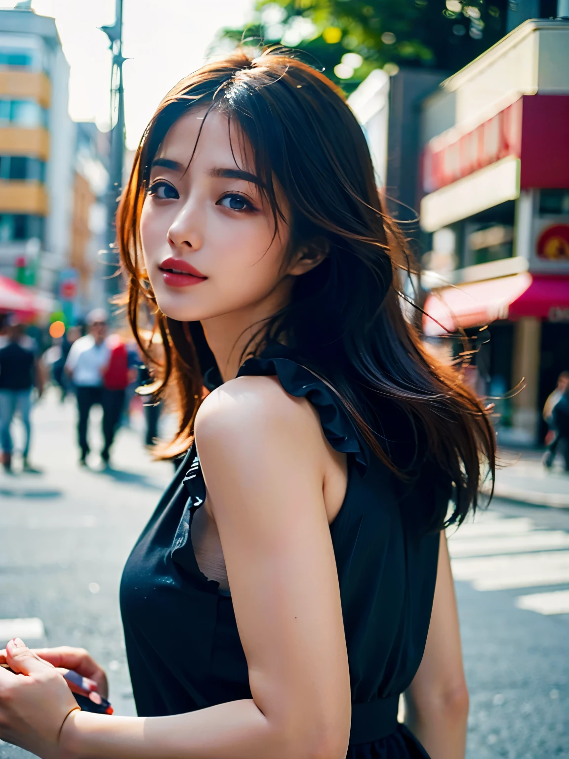 Woman posing seductive on street corner, top quality, high resolution, 8k, girl alone, outdoor, (street: 0.8), (people, crowd: 1), sleeveless dress, black dress: 1.5), gorgeouedium hair), (dynamic pose: 0.8), (upper body: 1.2), soft lighting, wind, glossy skin, gaze,