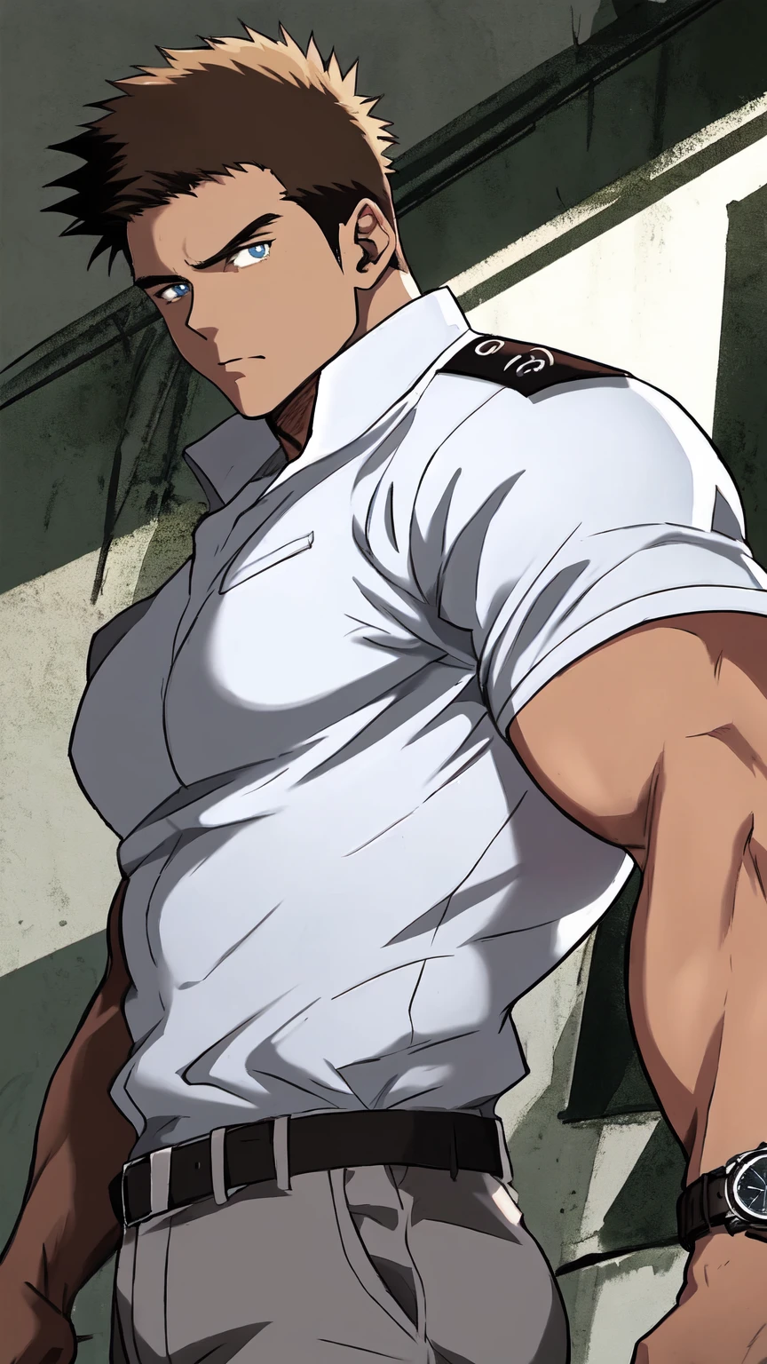((arte estilo anime)), Top quality, delicate texture, grain, solo, adult male, muscular, stocky, bodybuilder, from the waist up ,dynamic angle, spiky hair, short side hair, blue eyes ,brown hair,short sleeve , masculine face, watch,narrow eyes,stern eyes,glare, military uniform