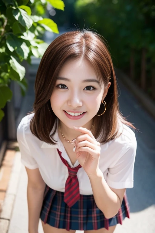 女の子1人、Blushing cheeks、Riding a red bike and shyly smiling、gazing at viewer、optic、large full breasts、White open shirt sticking to the chest、Tartan checked skirt、Girl in Japan school uniform、florals、hair pin、a necklace、piercings、Leaning forward、from below looking up、depth of fields、pointed red mouth、Glossy reddish-brown shorthair、Black eyes、鎖骨、Beautiful fingers、Hourglass body、portrait of a full body、Loosen your tie、